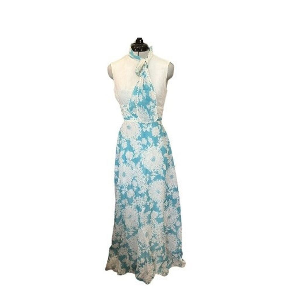 Vintage 60s Miss Elliette Blue Floral Maxi Dress Size S